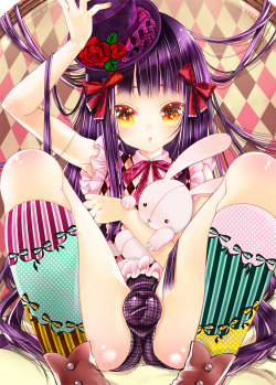 boyslovedresses:  (via Gelbooru- Image View - 1boy armpits blush boots bow bulge bunny crossdressing dress flower hair bow hat long hair male mismatched legwear open mouth original purple hair ribbon rose sakiyo cake sitting solo stuffed animal stuffed