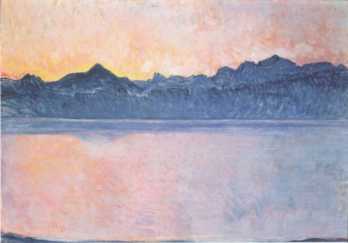 artist-hodler:Lake Geneva with Mont Blanc in the morning light, 1918, Ferdinand HodlerMedium: oil,ca