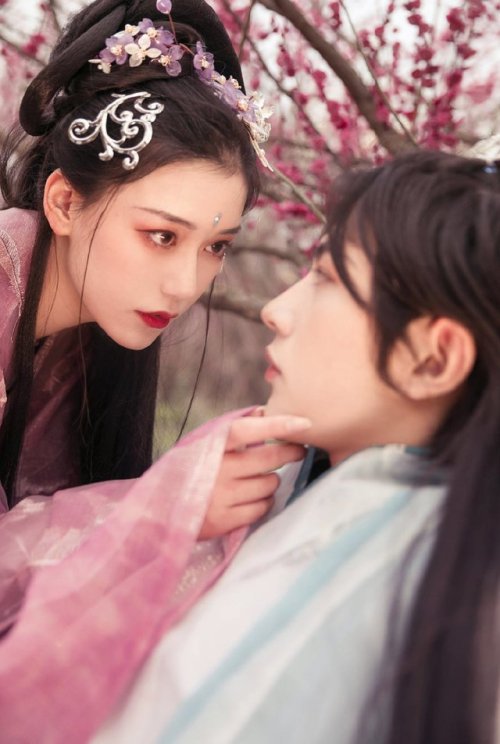 ziseviolet:A traditional Chinese Hanfu photo-story depicting an encounter amid peach blossoms, via 莲