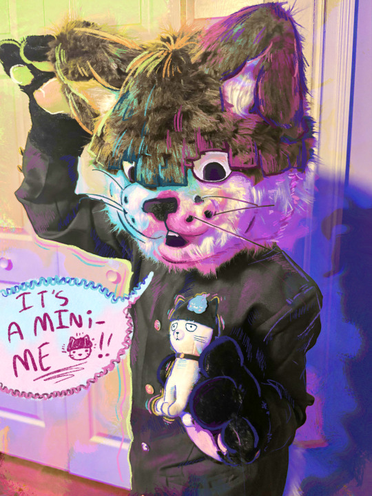 Image: Photo of a Mob themed fursuit styled after the animal official plushies digitally edited to be more colorful. He is holding said plushie in one hand, looking down at it in surprise.