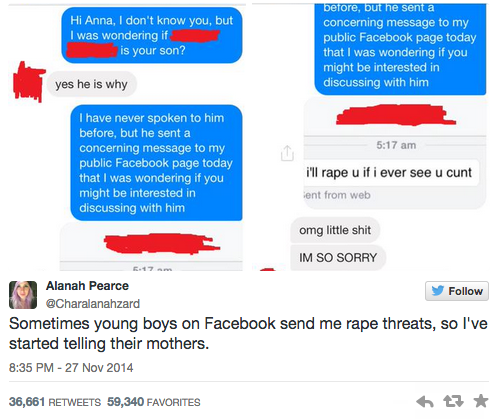 damnitsizzi:  mashable:  An Australian game reviewer got sick and tired of young boys trolling her and threatening to rape her, so she did what any self-respecting adult would do — she told their parents. [via]  Thats how you do it   And that is how