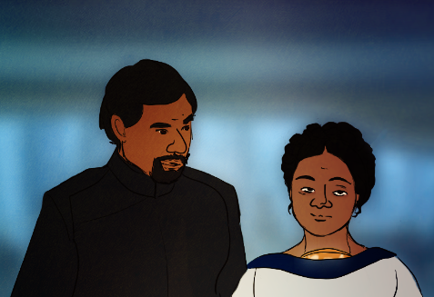 a digital drawing of bail and breha organa on a blue background, depicted from the chest up. they are both smiling slightly and looking a little cheeky. bail is a brown-skinned man looking at breha, and breha is a brown-skinned woman rolling her eyes. part of breha’s pulmonodes are visible above her white and navy blue dress. both bail and breha have faint lines on their faces, indicating gradually advancing age, although both still have solid black hair