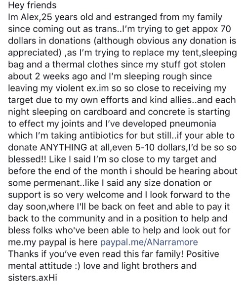 yaoi-smasher6969:  writhe: writhe:  i’m so done with liberal queer spaces…the post was like “i’m a homeless trans guy my tent and everything got stolen i’ve been sleeping on the streets & my joints are aching from the concrete, etc, here’s