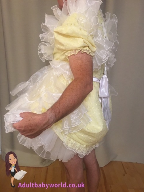 A very pretty lacy organza #pinafore #apron for the #abdlnursery modelled here over a swishy yellow 