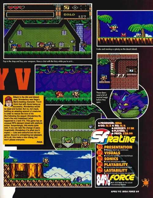 SEGA Force #4, April 92 - Review of ‘Wonder Boy In Monster World’ on the Mega Drive.  