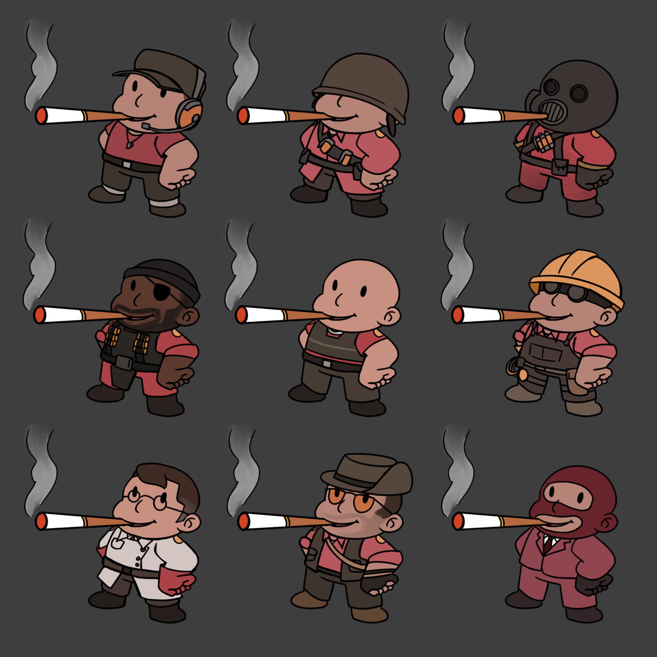 no idea what these mercs are but they are chuffin back a fat dart and thats all that matters!!! #tf2 #team fortress 2  #+ transparent version if you wanna use them as emotes or smthn just credit me! #tf2 scout#tf2 soldier#tf2 pilot#tf2 demoknight#tf2 heavy#tf2 engineer#tf2 medic#tf2 sniper#tf2 spy #i cant believe i spent time on this #fanart