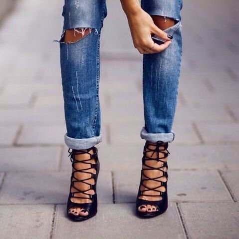 styledbykasey:strappy heels + ripped denim