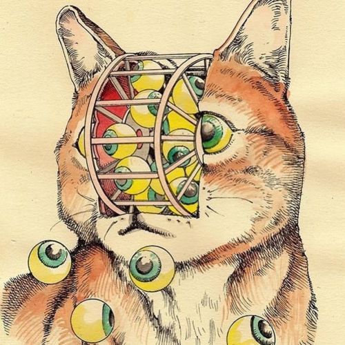 Shintarō Kago aka Shintaro Kago aka 駕籠 真太郎 (Japanese, b. 1969, Tokyo, Japan) - Cats, Drawings: Ink, 