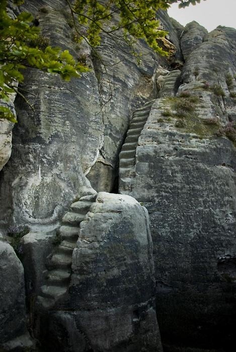 The view is better from the top (13th century steps, Elbe Sandstone Mountains, Saschen,