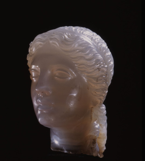 grandegyptianmuseum:Head of a goddess or princess,from Alexandria.Hellenistic, blue chalcedony, Heig