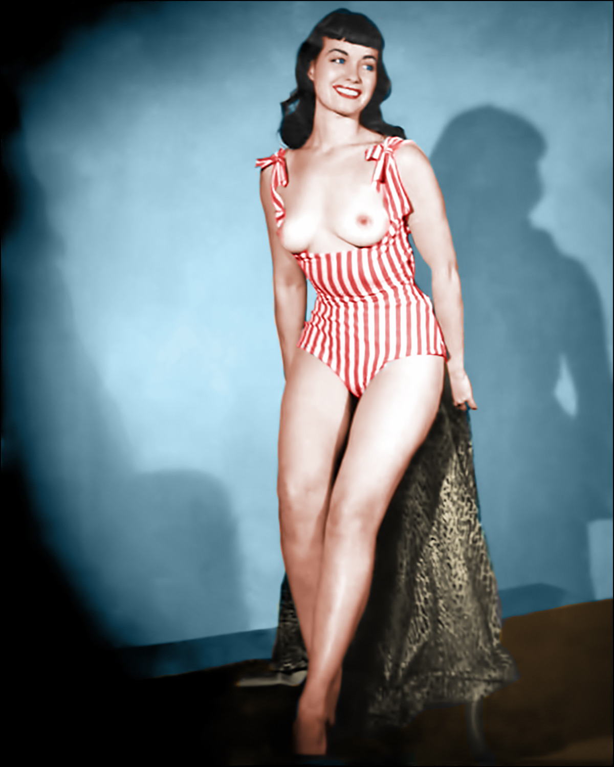 oldiznewagain:  Bettie in topless swimsuit (colorized). 