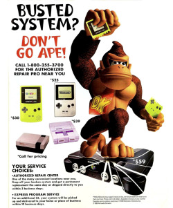 iheartnintendomucho:  Nintendo Donkey Kong Service Repair Ad From 1999. I don’t even know if Nintendo’s repair services are farmed out to certified repair specialists anymore. I think all repairs are done in-house. Wish it was still this cheap to