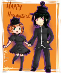 lambency:  Samantha Ireland requested Nora and Ren Halloween couples costume so I did a quickie chibis of them as King and Queen of the Castle Chess Pieces.Black because it’s Halloween. Will prob clean it up and do more complex designs but I wanted