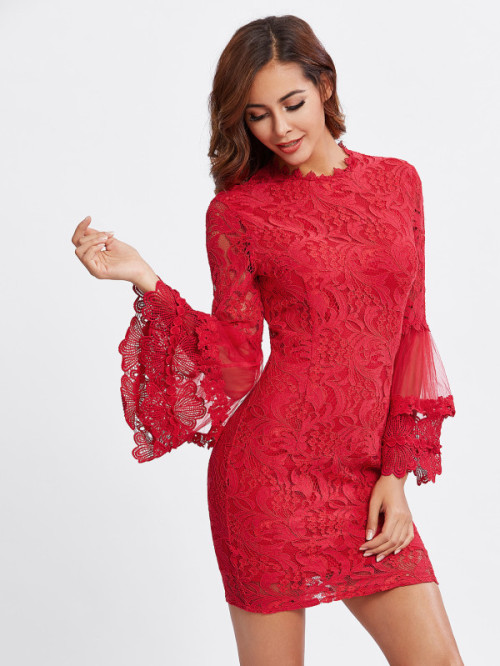 herwinnerballoon: Shop here: SHEIN Tiered Bell Sleeve Fitted Lace Dress  US$24.00