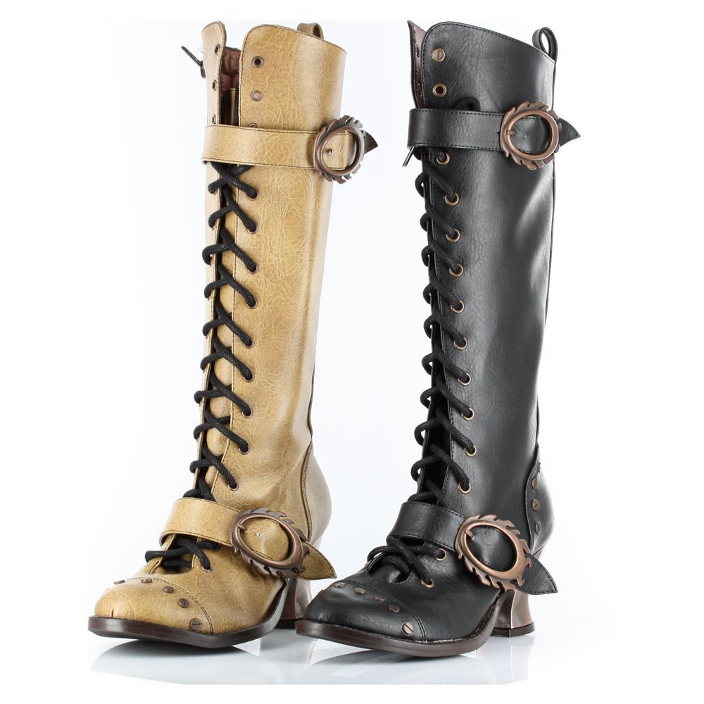 steamxlove:  9 Button Leather Boots Beige/Black Boots Dark Brown Buckle Boots Thigh