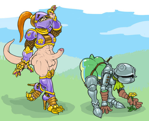 M’Lady Pee Rex spots Frog Knight Of The Pond. My half of a trade with @wittless-pilgrim-nsfw, Pee Re