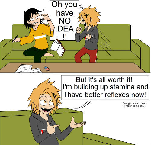 Kaminari getting dragged to training is so funny to imagine, even more hilarious if it’s Bakugo doin