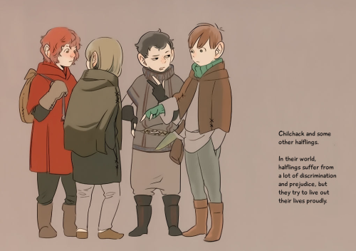 An Image of chilchuck along with other half-foot in conversation. The text reads "Chilchack and some other halflings. In their world, halflings suffer from a lot of discrimination and prejudice, but they try to live out their lives proudly." the translation was made by EH Scans which used Chilchack for Chilchuck and Halfling for Half-Foot at time