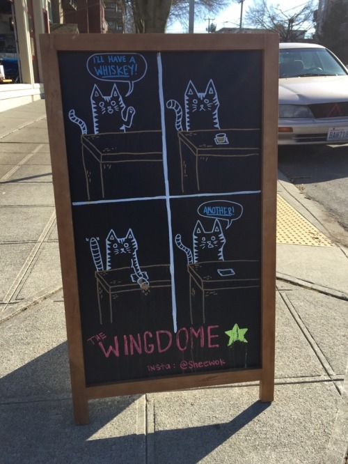 raedusoleil: Photo is of a chalkboard sign outside a restaurant showing a four panel cartoon.  