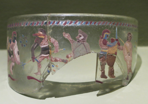 thesilicontribesman: Decorated Roman Glass with images of Gladiators, Vindolanda Roman Fort, near Ha