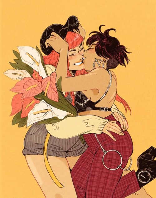 infernallegaycy:ofalldimensions:lilies[id: an illustration of two women grinning &amp; embracing