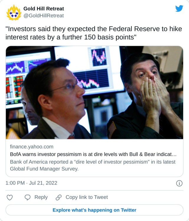 "Investors said they expected the Federal Reserve to hike interest rates by a further 150 basis points" https://t.co/yDXKJhQjwq — Gold Hill Retreat (@GoldHillRetreat) July 21, 2022