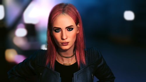 female character from Cyberpunk 2077 with pink hair and heterochromia, colorful bokeh background