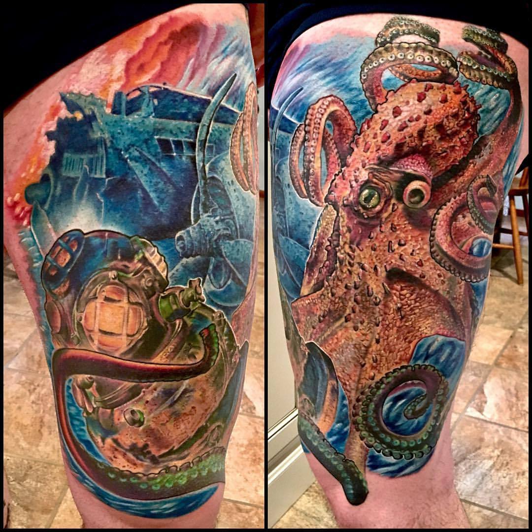 PowerLine Tattoo : Tattoos : Evan Olin : Full color, custom realistic  octopus tattoo- part of an underwater/ocean leg sleeve