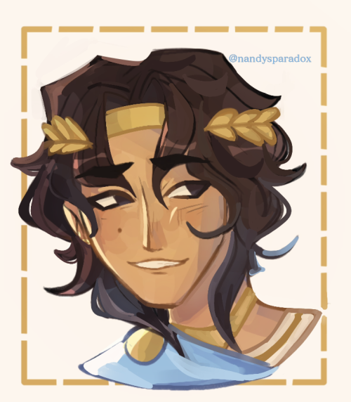 ID: A headshot digital drawing of Telemachus from EPIC: The Musical. He is smiling while looking to the side. He has tan skin and shaggy dark brown hair. He wears a golden headband and laurel leafs pinned to his hair. He wears a blue chiton pinned by a golden brooch, and a gold necklace. The background is off white, with a gold outline of a square behind him. End ID.