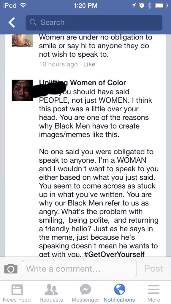 Okay so this meme pissed me off, I commented that women don&rsquo;t have to smile