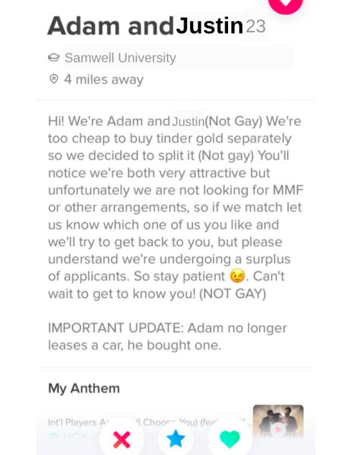 ivecarvedawoodenheart:so. who’s gonna tell ‘em (insp)[cap: screenshot of a tinder bio“Adam and Justi