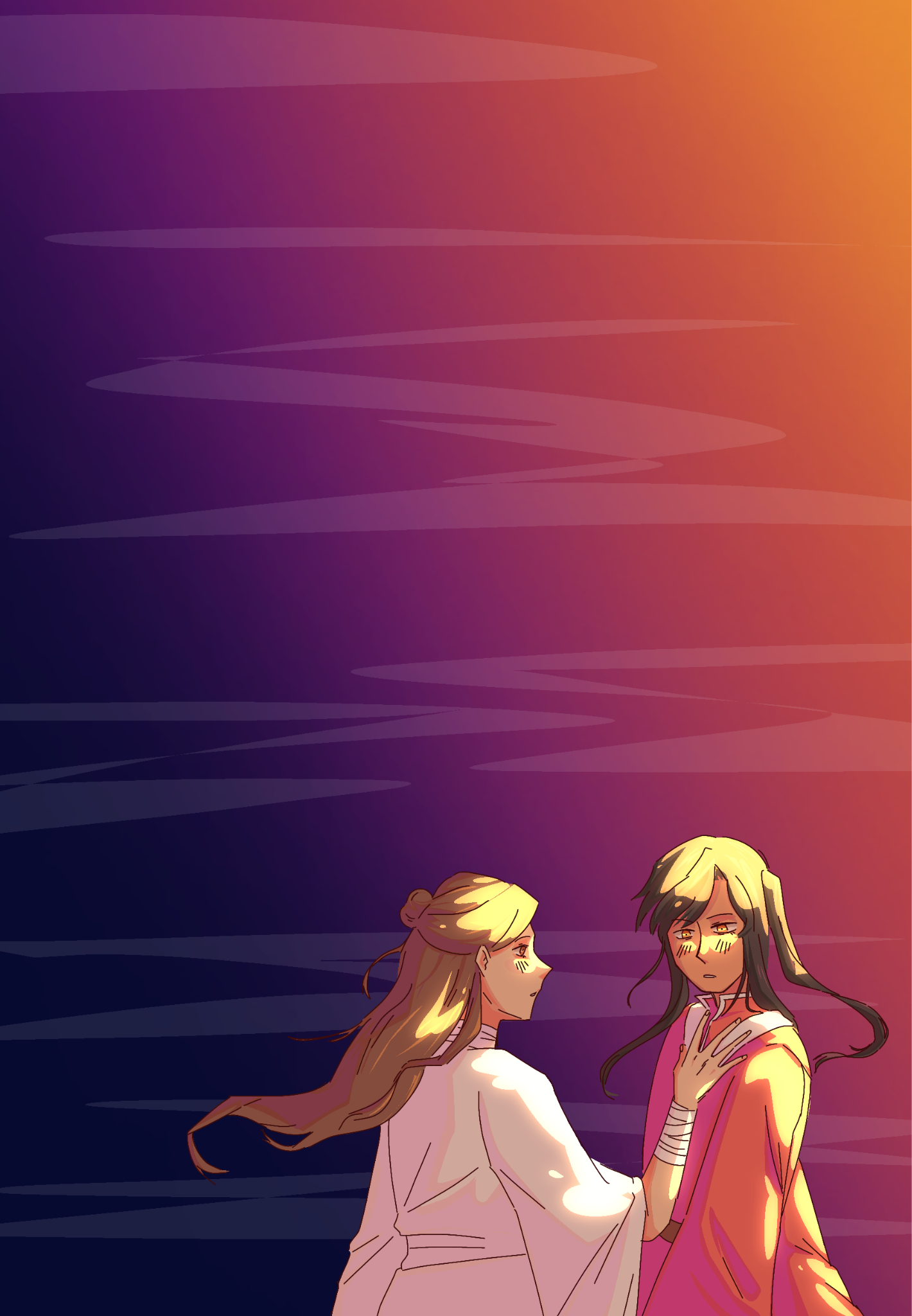 digital drawing of xie lian and hua cheng in his san lang form. they are positioned in the bottom right of the page, and the colors suggest a sunset