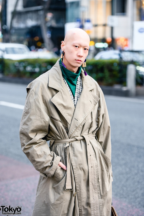 Japanese musician/actor/model Shouta on the street in Harajuku wearing a vintage overcoat with layer