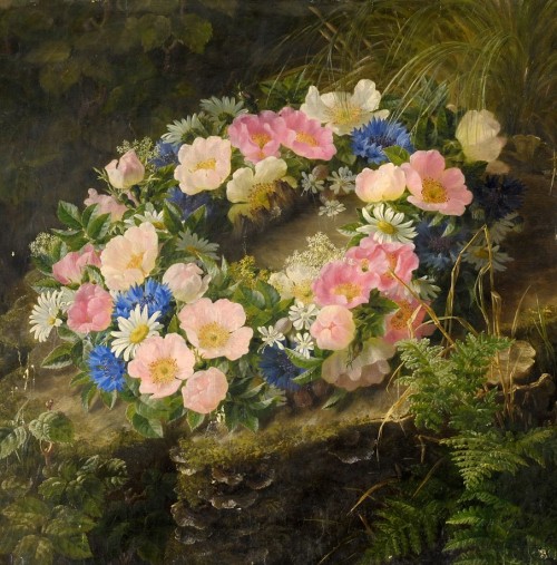 art-and-things-of-beauty: Unknown painter (19th century) - Flower wreath on forest floor.