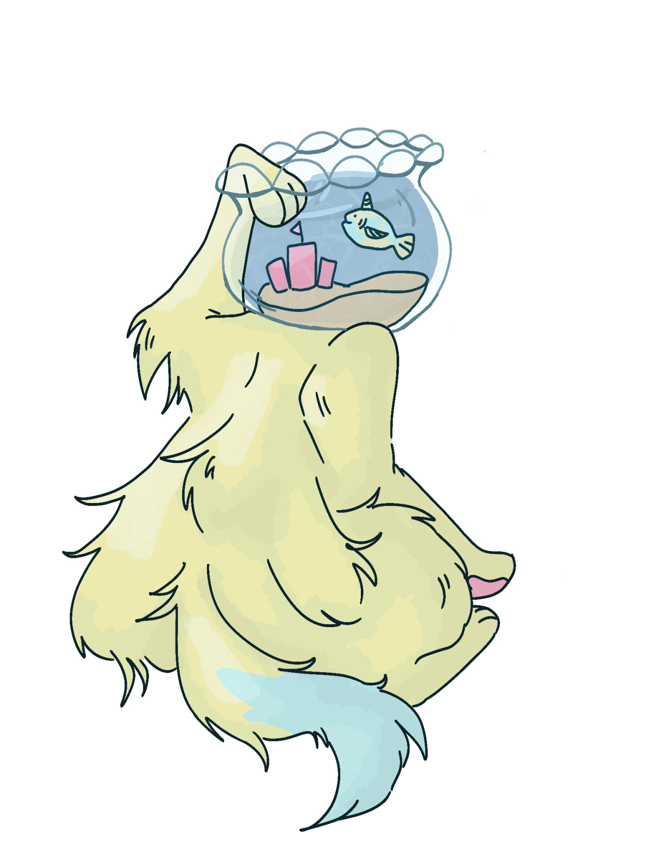 A drawing of a cat with a fishbowl head, named Fishbone, with their paw inside their fishbowl.
