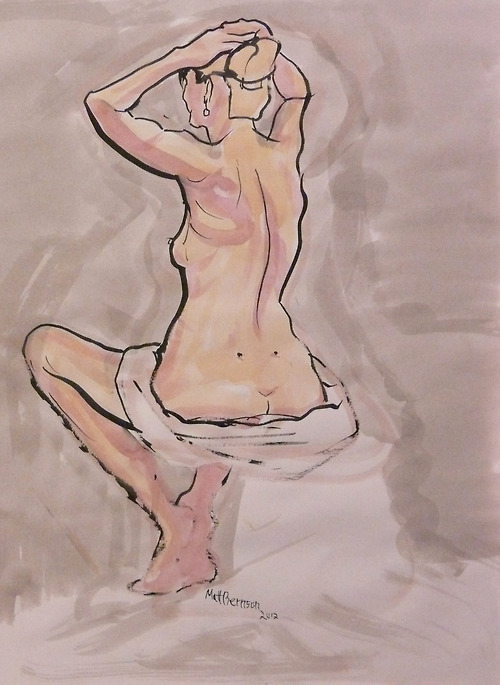 ink, or ink & watercolor on paper 18"x24" Model: Andrea These were done at Liz Sheppard’s Print Studio in Boston.   If my job could be do to figure drawing all the time, I’d be happy.