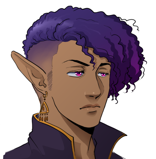 A picture of an elf from the shoulders up. He has curly purple hair. He is frowning. His eyes are magenta and he is wearing a purple jacket that matches his hair.