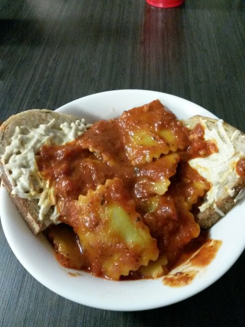 lifesustainingmeasures: Spinach Florentine (I think) Ravioli in a Sweet Basil Tomato Sauce w/ Toaste