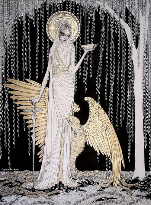 THE CAPTIVE.XXVIII.VIII.MMXVIII. by Orphné Achéron.pencil, ink and gold.