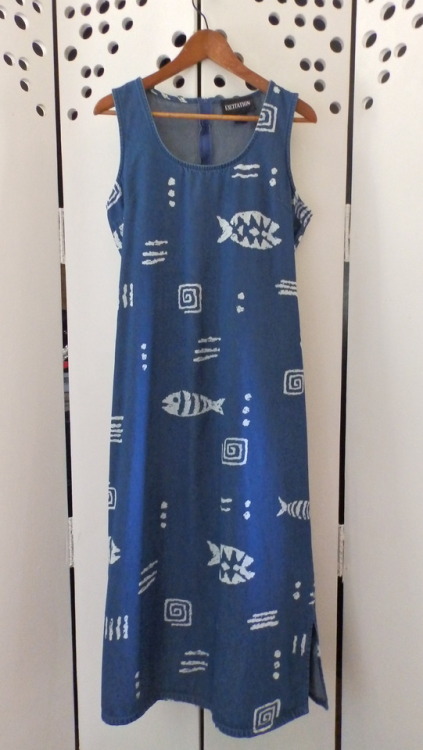 littlevisionsthrift: littlevisionsthrift: 90s boho print denim tank dress. size L $10
