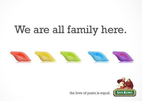 low-rise-scott:  dolewhipofdisney:owl-not-lark: upenders:  Big shout out to pasta companies that are not Barilla.  After the head of Barilla made some anti-gay remarks, its pasta competitors released these ads making it clear that they support ALL pasta