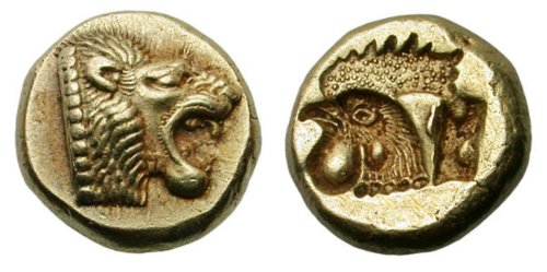 archaicwonder:Electrum Hekte from Mytilene, Lesbos, c. 530-500 BCThe head of a roaring lion, the tru