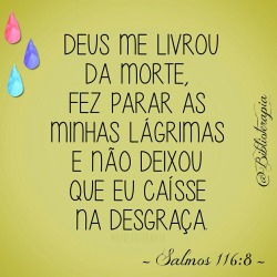 biblioterapia:  Deus me livrou da morte, fez parar as minhas lágrimas e não deixou que eu caísse na desgraça.  Salmos 116:8.