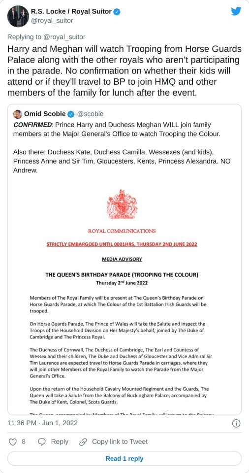 Harry and Meghan will watch Trooping from Horse Guards Palace along with the other royals who aren’t participating in the parade. No confirmation on whether their kids will attend or if they’ll travel to BP to join HMQ and other members of the family for lunch after the event. https://t.co/AJ79dFEhlG — R.S. Locke / Royal Suitor (@royal_suitor) June 1, 2022