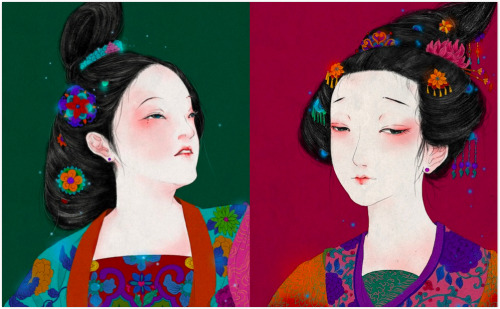 changan-moon:Ancient chinese beauties wearing hanfu. Illustration by 阿舍Ashe