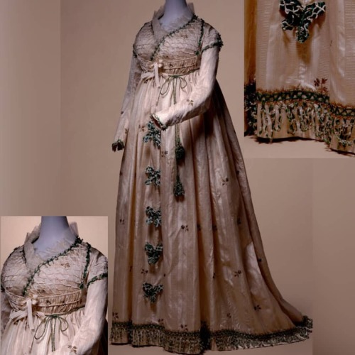 1795 Italian round gown. &ldquo;White silk taffeta brocade one-piece dress; green silk and gold embr