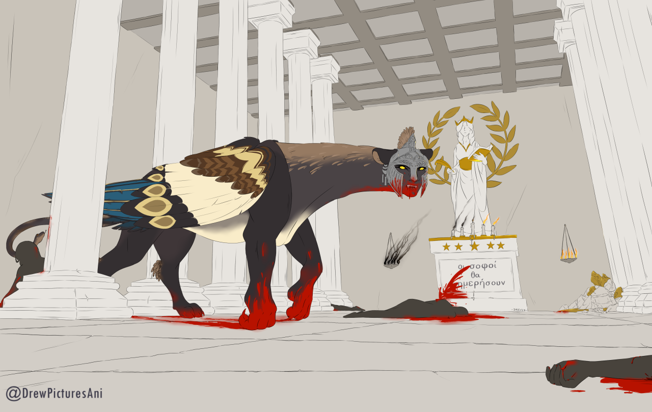 A second version of the full illustration, but this time without any shading. This reveals the details patterning of the sphynx's wing feathers, as well as the bright, airy nature of the temple. In this view the bright red of the blood is stark against the more desaturated browns and creams of the sphynx and the temple.