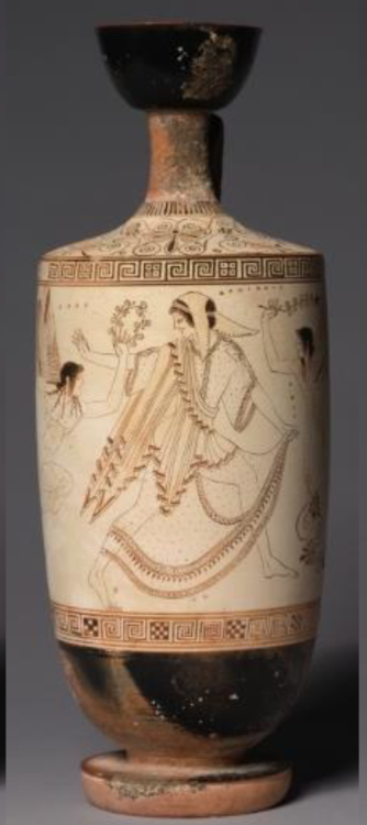 White-ground lekythos attr. to Douris, with Atalanta and Erotes in footrace, ca 500 to 490 BCE
