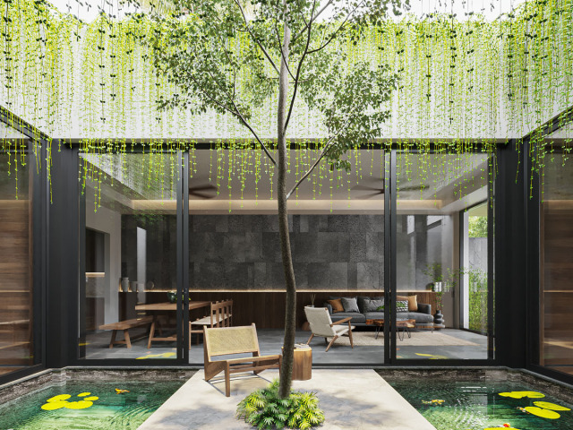 Gray and Wood-Tone Decor Framed by Green Courtyards