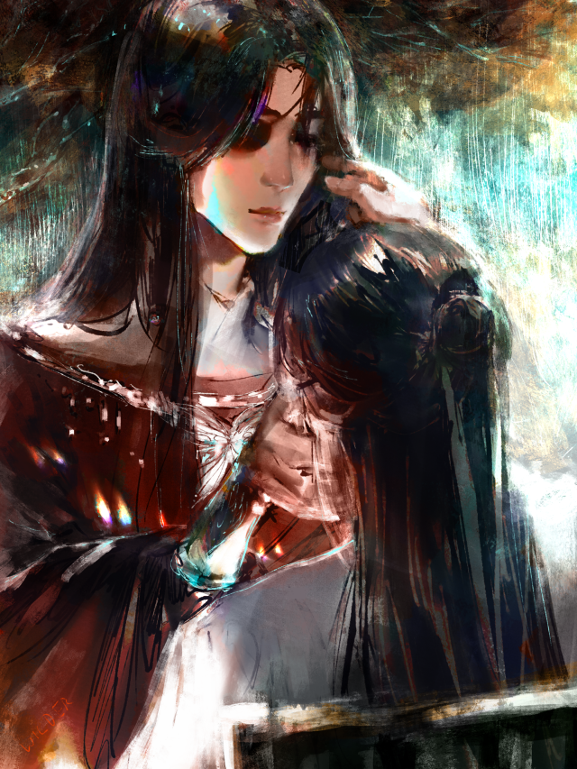 xie lian faces away and up towards hua cheng, who looks down. both of their right hands are in the other's hair, and light reflects between them. there is a bright rainstorm: teal, orange, red, blue.